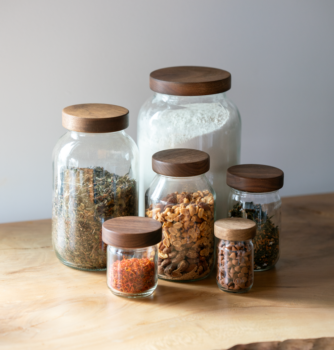 Mason Style Storage Jar with Wood Lid, Set of 6